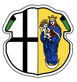 Wappen der Marktgemeinde Gelchsheim, zweigeteilt, links schwarzes Kreuz auf weißem Untergrund, rechts Maria mit Jesukind auf gelben Untergrund